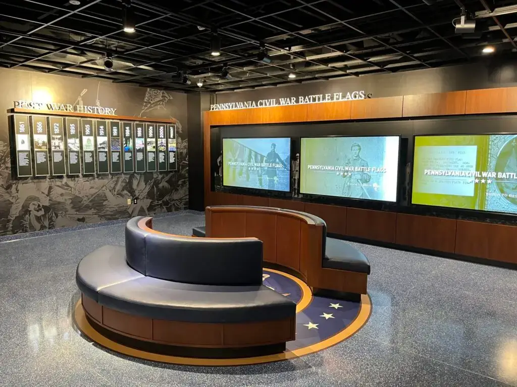 Honoring History: Exhibit Studios' Remarkable Civil War Battle Flag Exhibit Exhibit Studios Custom Booth Services Image of center round seats. Divide din two and large flag floor graphic under it for state of Pennsylvania