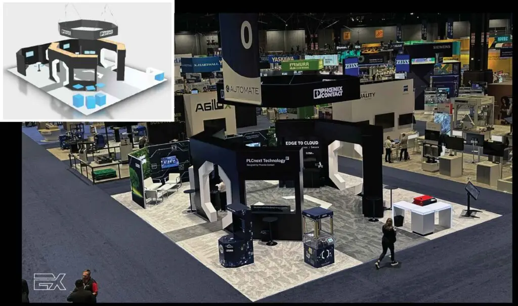 cad drawing and actual booth to show the custom exhibit fabrication process